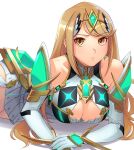  1girl a_(user_vtsy8742) bangs blonde_hair breasts chest_jewel cleavage closed_mouth cowboy_shot dress gem headpiece highres jewelry large_breasts long_hair looking_at_viewer lying mythra_(xenoblade) raised_eyebrow simple_background solo strapless strapless_dress swept_bangs tiara yellow_eyes 