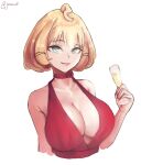  1girl absurdres alternate_breast_size bangs breasts champagne_flute choker cleavage collarbone cup drinking_glass english_commentary eyebrows_visible_through_hair green_eyes highres holding holding_cup jamwes large_breasts looking_at_viewer millie_parfait nijisanji nijisanji_en red_choker short_hair smile solo upper_body virtual_youtuber white_background 