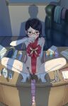  1boy 1girl bare_shoulders black_hair blush boruto:_naruto_next_generations boruto:_naruto_the_movie chair collarbone come_hither condom condom_wrapper covered_navel desk detached_sleeves dildo gift_wrapping glasses highres kunai looking_at_viewer naruto naruto_(series) office_chair phone sex_toy spread_legs squatting thighhighs uchiha_sarada uzumaki_naruto weapon white_legwear 