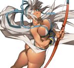  1girl ass bandage_over_one_eye blue_eyes bow_(weapon) breasts cleavage dark-skinned_female dark_skin eyepatch gloves highres large_breasts long_hair looking_at_viewer looking_back majikina_mina open_mouth partially_fingerless_gloves ponytail samurai_spirits sarong side-tie_skirt simple_background tan thong tied_hair weapon white_background white_hair white_sarong ysk! 