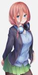  1girl absurdres bangs black_jacket black_legwear blazer blue_cardigan blue_eyes blush breasts brown_hair cardigan commentary_request cowboy_shot go-toubun_no_hanayome green_skirt hair_between_eyes headphones headphones_around_neck highres jacket long_hair looking_at_viewer nakano_miku open_clothes open_jacket pantyhose pleated_skirt shirt skirt solo white_shirt yuunamida_uyu 