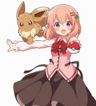  1girl :d bangs black_skirt blouse blush bob_cut bow collared_blouse commentary crossover eevee eyebrows_visible_through_hair flower gochuumon_wa_usagi_desu_ka? hair_flower hair_ornament hairclip highres holding holding_poke_ball hoto_cocoa long_sleeves looking_at_viewer medium_skirt neru_(neruneruru) open_mouth pink_blouse poke_ball poke_ball_(basic) pokemon rabbit_house_uniform red_bow short_hair simple_background skirt smile solo standing white_background wing_collar 