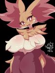  2021 absurd_res anthro big_breasts black_background blush breast_squish breasts canid canine chest_tuft delphox fangs female fur grey_pupils head_tilt hi_res huge_breasts inner_ear_fluff looking_at_viewer mammal nintendo nyaswitchnya open_mouth pok&eacute;mon pok&eacute;mon_(species) pupils red_body red_eyes red_fur simple_background smile solo squish tuft upper_body video_games white_body white_fur yellow_body yellow_fur 