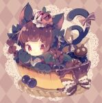  1girl :3 animal_ear_fluff animal_ears animal_hands argyle argyle_background bangs black_bow black_bowtie blueberry blunt_bangs bow bowtie braid brown_background cat_ears cat_tail chibi claws closed_mouth dress eyebrows_visible_through_hair food frills fruit gloves green_dress hair_bow hair_ribbon in_basket kaenbyou_rin long_hair looking_at_viewer multiple_tails nekomata nikorashi-ka paw_gloves red_bow red_eyes red_hair ribbon simple_background solo tail tail_bow tail_ornament touhou tress_ribbon twin_braids twintails two_tails 