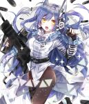  1girl assault_rifle black_legwear blue_hair blue_sailor_collar bow bowtie breasts brown_legwear bullpup cowboy_shot eyebrows_visible_through_hair girls&#039;_frontline gloves gun hair_between_eyes hexagram imi_tavor_tar-21 leotard long_hair magazine_(weapon) medium_breasts open_mouth pantyhose poru32406042 rifle robot_ears sailor_collar side-tie_leotard solo sparkle star_of_david tailcoat tar-21_(girls&#039;_frontline) weapon white_background white_leotard yellow_eyes 