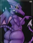  anthro big_butt black_sclera butt crossgender dragon drokmars female glowing glowing_eyes hi_res long_nails long_tail looking_at_viewer metroid nails nintendo purple_body rear_view ridley solo video_games wings yellow_eyes 