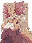  2021 absurd_res anthro arms_under_breasts big_breasts blush border breasts brown_background canid canine chest_tuft crossed_arms delphox female fur grey_pupils hi_res huge_breasts inner_ear_fluff looking_at_viewer mammal nintendo nyaswitchnya pok&eacute;mon pok&eacute;mon_(species) pouting pupils red_body red_eyes red_fur simple_background solo tuft upper_body video_games white_body white_border white_fur yellow_body yellow_fur 