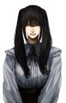  1girl black_hair black_ribbon dress frilled_shirt_collar frills grey_eyes hair_between_eyes highres hoshi_san_3 long_hair long_sleeves looking_at_viewer mole mole_under_eye mole_under_mouth original parted_lips ribbon sidelocks simple_background solo twintails white_background yamifuka-san_(hoshi_san_3) 