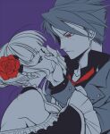  1boy 1girl beatrice_(umineko) black_battler breasts choker commentary_request flower hair_bun hair_flower hair_ornament monochrome necktie red_eyes revision rose slit_pupils sousui_hani spot_color umineko_no_naku_koro_ni ushiromiya_battler wide_sleeves 