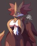  2021 absurd_res anthro big_breasts blush breasts canid canine chest_tuft delphox female fur grey_background grey_pupils hi_res huge_breasts inner_ear_fluff mammal navel nintendo nyaswitchnya pok&eacute;mon pok&eacute;mon_(species) pupils raised_arm red_body red_eyes red_fur simple_background solo tuft upper_body video_games white_body white_fur yellow_body yellow_fur 