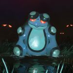 animal_focus closed_mouth commentary dark glowing glowing_eyes go-lurk looking_at_viewer night no_humans orange_eyes outdoors pokemon pokemon_(creature) reflection seismitoad smile water 