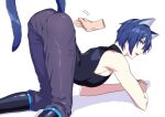  1boy akiyoshi_(tama-pete) animal_ears ass blue_eyes blue_hair cat_boy cat_ears cat_tail disembodied_limb from_behind kaito_(vocaloid) male_focus sleeveless solo tail vocaloid white_background 