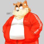  2022 anthro belly black_nose blush bottomwear canid canine canis clothing domestic_dog kemono male mammal overweight overweight_male pants shirt simple_background solo topwear toshi_(artist) 