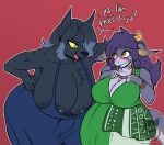  absurd_res anthro anthro_on_anthro batartcave big_breasts breast_size_difference breasts bulge canid canine canis cleavage clothed clothing dragon female gynomorph gynomorph/female hair hair_over_eye hi_res huge_breasts intersex intersex/female mammal one_eye_obstructed wolf 