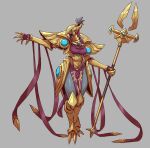  1girl absurdres armor azir bangs breasts colored_skin exaxuxer full_body genderswap genderswap_(mtf) gold_armor grey_background hand_up highres holding holding_staff large_breasts league_of_legends looking_to_the_side profile red_skin simple_background solo staff standing tagme topknot 