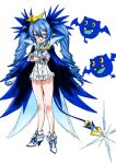  1girl :d blue_cape blue_hair blue_ribbon blue_tail bombergirl brooch cape center_frills crossed_arms dress drill_hair frills gloves hair_between_eyes high_heels jewelry lewisia_aquablue long_hair microdress open_mouth pansy_orchid pointy_ears ribbon shoes simple_background smile standing tail teeth tongue tongue_out twin_drills white_background white_dress white_footwear white_gloves yellow_eyes 