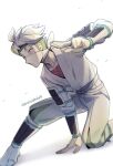  1boy beni_(pokemon) green_hair grey_hair male_focus mask momoji_(lobolobo2010) multicolored_hair ninja one_knee pokemon pokemon_(game) pokemon_legends:_arceus twitter_username two-tone_hair white_background 