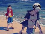  2boys bandages beach black_hair demorzel hat male_focus monkey_d._luffy multiple_boys ocean one_piece open_clothes open_shirt short_sleeves tattoo trafalgar_law walking walking_away 