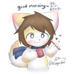  &lt;3 anthro blue_eyes blue_scarf blush brown_hair brush chinese_text container cup domestic_cat eating english_text felid feline felis food_in_mouth fur good_morning greeting hair hi_res holding_cup holding_mug holding_object japanese_text korean_text looking_at_viewer male mammal mug pink_inner_ear scarf simple_background solo text toothbrush tringa white_background white_body white_fur yellow_body yellow_fur 