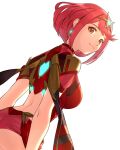  1girl a_(user_vtsy8742) backless_outfit bangs bob_cut breasts cowboy_shot earrings from_below from_side gem headpiece highres jewelry large_breasts looking_at_viewer pyra_(xenoblade) red_eyes red_hair red_shorts short_hair short_shorts shorts smile solo swept_bangs tassel tiara 