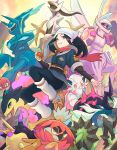  1girl absurdres akari_(pokemon) arceus black_hair dialga dialga_(origin) galaxy_expedition_team_survey_corps_uniform head_scarf highres hisuian_decidueye hisuian_samurott hisuian_typhlosion hisuian_voltorb hisuian_zorua kleavor looking_at_viewer overqwil palkia palkia_(origin) pokemon pokemon_(creature) pokemon_(game) pokemon_legends:_arceus scarf smile truejekart 