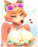  &lt;3 animal_crossing anthro audie_(animal_crossing) big_breasts breasts canid canine canis cleavage clothed clothing female fur hi_res mammal myoniis nintendo orange_body orange_fur solo video_games water wolf 