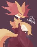  2021 absurd_res anthro big_breasts blush breasts canid canine chest_tuft delphox female fur grey_pupils hi_res huge_breasts inner_ear_fluff looking_at_viewer looking_back mammal nintendo nipple_outline nyaswitchnya open_mouth pok&eacute;mon pok&eacute;mon_(species) pupils purple_background rear_view red_body red_eyes red_fur side_view simple_background smile solo tuft upper_body video_games white_body white_fur yellow_body yellow_fur 