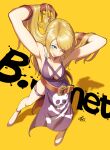  1girl arms_up belt blonde_hair blue_eyes breasts character_name cleavage dress from_above highres jenet_behrn long_hair mark_of_the_wolves one_eye_closed rog_rockbe the_king_of_fighters the_king_of_fighters_xv 