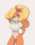  activision anthro bandicoot blonde_hair bottomless breasts clothed clothing coco_bandicoot crash_bandicoot_(series) crotch_tuft edit eyebrows eyelashes female fridge_(artist) front_view genitals green_eyes hair hand_on_hip hi_res looking_away mammal marsupial navel nipples partially_clothed pussy shirt simple_background solo topwear tuft video_games white_background 