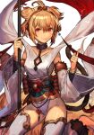  1girl andira_(granblue_fantasy) animal_ears bangs blonde_hair breasts collarbone detached_leggings erune granblue_fantasy headband highleg highleg_leotard hungry_clicker index_finger_raised leotard looking_at_viewer monkey_ears monkey_girl monkey_tail red_eyes sash short_hair small_breasts smile solo staff tail thighs two_side_up white_legwear white_leotard 