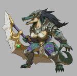  1girl absurdres armor black_hair claws collarbone colored_skin crocodile crocodilian exaxuxer full_body furry furry_female green_skin grey_background highres holding holding_weapon league_of_legends long_hair looking_at_viewer open_mouth orange_eyes renekton reptile_girl sharp_teeth shiny shiny_skin simple_background solo teeth weapon 