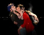  2boys alcohol black_background black_hair blush cup dark_blue_hair demorzel drunk highres holding holding_cup hug imminent_kiss male_focus monkey_d._luffy multiple_boys one_piece open_clothes open_shirt sleeves_rolled_up smile smoke tattoo trafalgar_law yaoi 