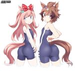  2girls agnes_digital_(umamusume) animal_ears ass blue_eyes bow brown_hair character_name competition_school_swimsuit from_behind hair_bow horse_ears horse_girl horse_tail long_hair looking_at_viewer looking_back multicolored_hair multiple_girls pink_hair purple_eyes red_bow school_swimsuit shigino_sohuzi shinko_windy_(umamusume) short_hair sidelocks swimsuit tail two_side_up umamusume white_hair 