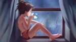  1boy absurdres bare_arms bare_legs bare_shoulders barefoot blue_eyes boxers breath breathing brown_hair child chinese_commentary commentary_request fog fogged_glasses highres looking_away male_focus male_underwear original rain sitting_in_window solo underwear window xiaoyexiaoye 