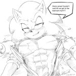  abs amy_rose anthro bedroom_eyes blush clothing clothing_grab dialogue duo eulipotyphlan female hedgehog hi_res lying male male/female mammal monochrome moobs muscular muscular_male narrowed_eyes offscreen_character on_back seductive sega soina solo sonic_the_hedgehog sonic_the_hedgehog_(series) tearing_clothing torn_clothing 