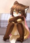  1girl animal_ear_fluff animal_ears arms_on_knees ass barefoot blush body_fur breasts brown_eyes brown_hair couch covering covering_breasts crossed_arms fox_ears fox_girl fox_tail furry furry_female highres kagarimachi_konatsu knees_to_chest knees_up legs naked_towel nude original short_hair sitting smile solo tail thighs towel 