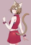  1girl akiyoshi_(tama-pete) animal_ears brown_eyes brown_hair cat_ears cat_girl cat_tail commentary crop_top from_behind meiko meiko_(vocaloid3) miniskirt short_hair skirt smile solo tail vocaloid wrist_cuffs 