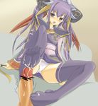  censored feet footjob momio panties penis purple_eyes purple_hair thighhighs underwear 