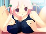  1boy 1girl artist_request blush breasts cute game_cg large_breasts penis pink_hair purple_eyes twin_tails twintails 