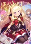  1girl bangs big_hair blonde_hair blunt_bangs blush book bow bracer brown_legwear cagliostro_(granblue_fantasy) cape character_doll cover cover_page crown doujin_cover eyebrows_visible_through_hair gran_(granblue_fantasy) granblue_fantasy hand_up hood hood_down hooded_cape long_hair looking_at_viewer open_book pantyhose parted_lips purple_eyes red_bow red_cape seiza sitting smile solo v yapo_(croquis_side) 
