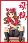  1girl bandanna bike_shorts breasts cameltoe cleavage cosplay gouguru hanako_(pokemon) haruka haruka_(pokemon)_(cosplay) large_breasts looking_at_viewer milf mitsuko_(pokemon) nipples pokemon simple_background sitting smile solo white_background 