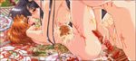  2girls ass black_hair blush breasts brown_hair food insertion long_hair multiple_girls nude object_insertion orgy sweat yuri 
