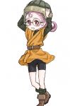  1girl bike_shorts chrono_cross chrono_trigger commentary_request cosplay glasses helmet lucca_ashtear pointy_ears purple_hair razzly s-a-murai short_hair smile solo 
