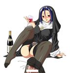  alcohol black_panties blue_hair blush bottle censored cross cross_necklace cum cup drunk feet footjob glass jewelry legwear lingerie long_hair necklace nun open_mouth panties penis pubic_hair red_eyes stockings thighhighs toes underwear upskirt wine wine_glass 