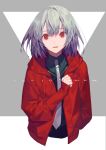  1girl :d collared_shirt commentary_request green_shirt grey_hair jacket long_sleeves looking_at_viewer medium_hair necktie open_clothes open_jacket open_mouth original red_eyes red_jacket shirt smile solo white_neckwear wing_collar yamakawa 