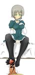  elbow_gloves feet footjob gloves green_eyes grey_hair highres long_image momio tall_image thighhighs toes 