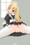  1girl ass blonde_hair blue_eyes blush bosshi censored highres long_hair looking_back maid no_panties pussy solo spread_legs upskirt 