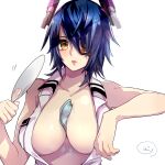  1girl blush breasts brown_eyes cleavage collarbone eyebrows_visible_through_hair eyepatch fang hair_over_one_eye hand_fan holding holding_fan kantai_collection large_breasts lips looking_at_viewer mizoredama1 parted_lips purple_hair short_hair solo tenryuu_(kancolle) upper_body 