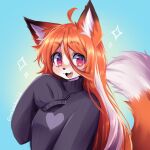  1girl :3 ahoge anakoluth animal_ears black_sweater commission eyebrows_visible_through_hair fang fox_ears fox_girl fox_tail furry furry_female highres long_hair long_sleeves looking_at_viewer multicolored_hair open_mouth original red_hair ribbed_sweater sleeves_past_wrists smile solo sweater tail twitter_username upper_body white_hair 