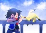  1boy ameiro_pk ash_ketchum black_hair blue_sky child cloud cloudy_sky commentary_request hair_between_eyes holding male_focus morning open_mouth outdoors pikachu pokemon pokemon_(anime) short_hair sky solo standing sweat tired 